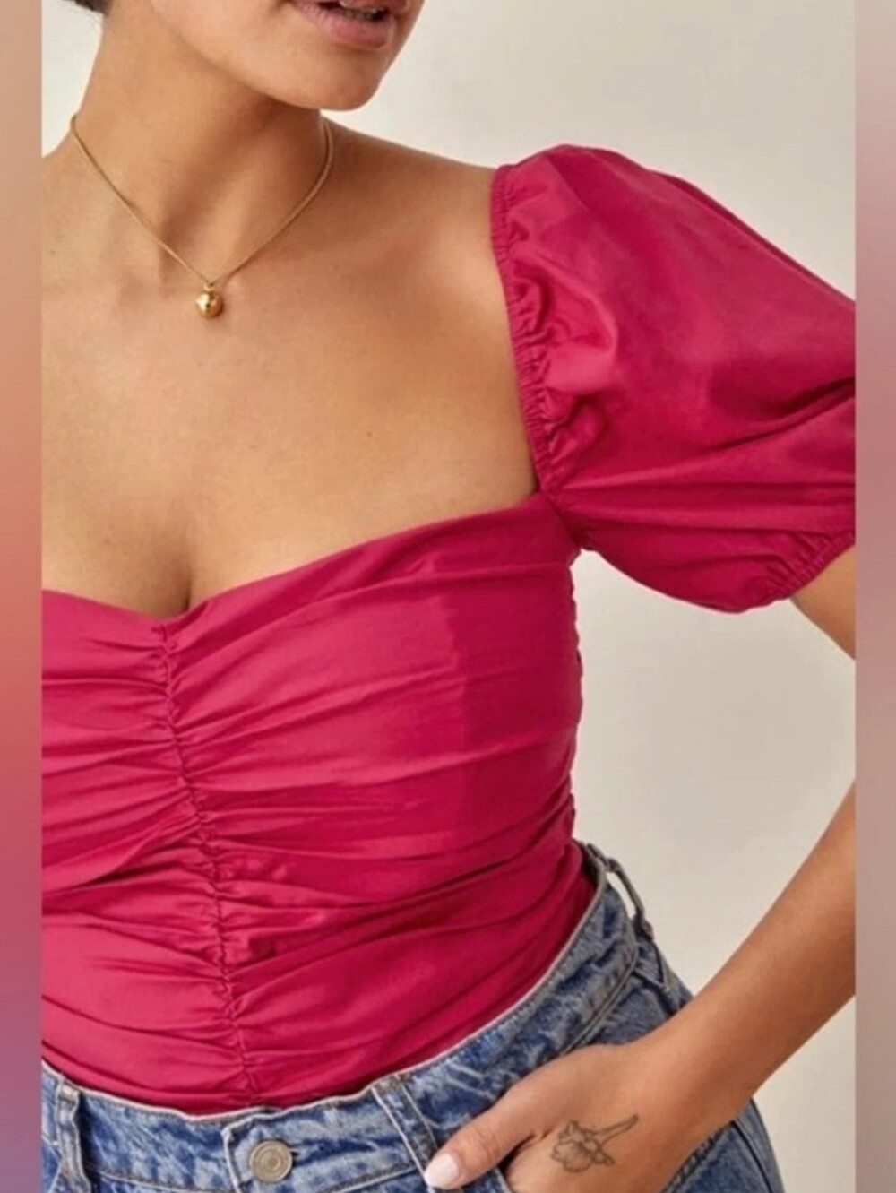 Reformation Radish Top Puff Sleeve And Ruching Magenta Color
